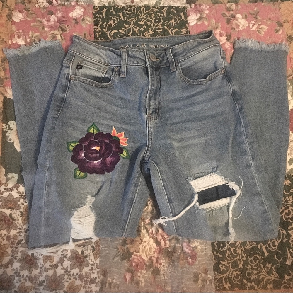 Ripped Floral-Embroidered Jeans
